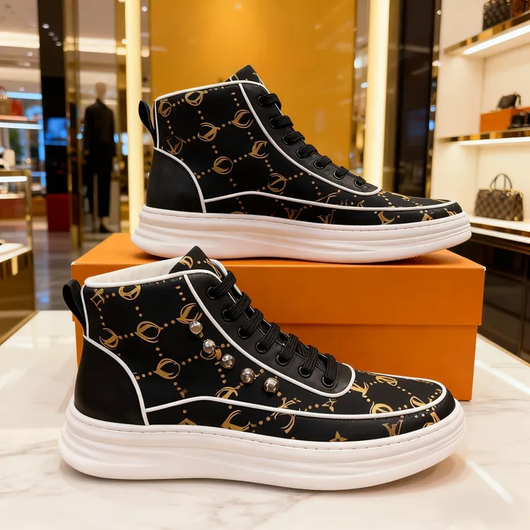 男款秋冬黑色板鞋2025新款男鞋欧美幻彩高帮鞋轻奢时尚潮流休闲鞋