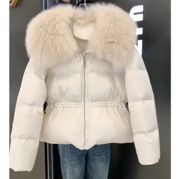 白色大毛领短款收腰棉服外套女冬季韩系高级感气质保暖面包服上衣