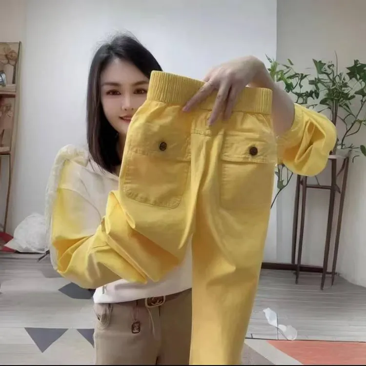 欧货时尚潮流百搭九分裤糖果色夏季新款小个子黄色小脚休闲哈伦裤