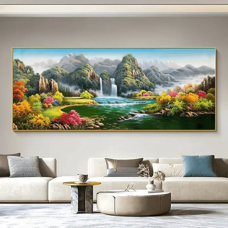 山水油画客厅装饰画墙壁现代简约山水风景聚宝盆横版挂画壁画
