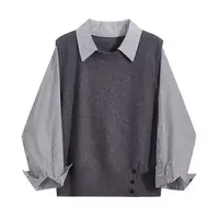 秋季新款法式拼接针织假两件条纹衬衫女高级设计感长袖针织-X3000