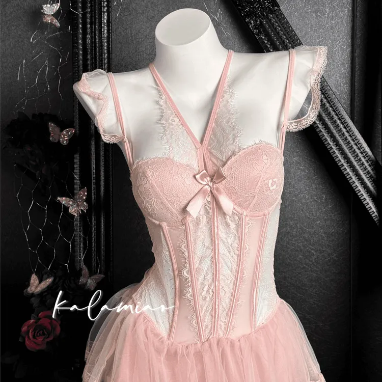 咔啦喵~「白月光」80-130斤鱼骨纯欲蕾丝网纱吊带睡裙收腰显瘦