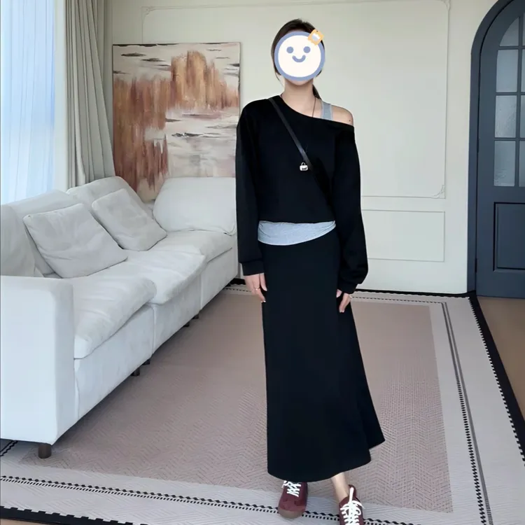 2025早秋休闲百搭气质显瘦高腰百搭黑色半身裙套装