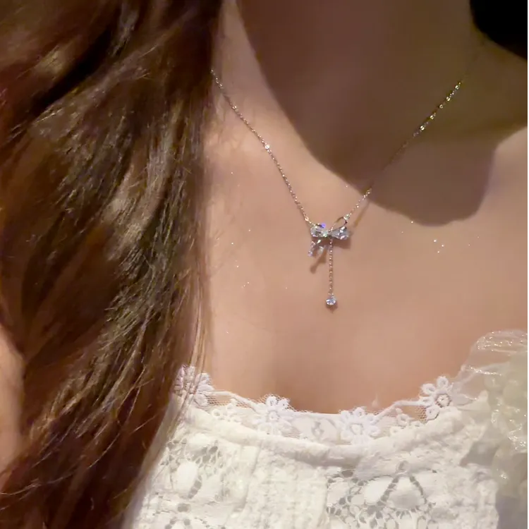 铜合金项链 韩系闪锆蝴蝶结流苏项链女气质百搭锁骨链七夕礼物