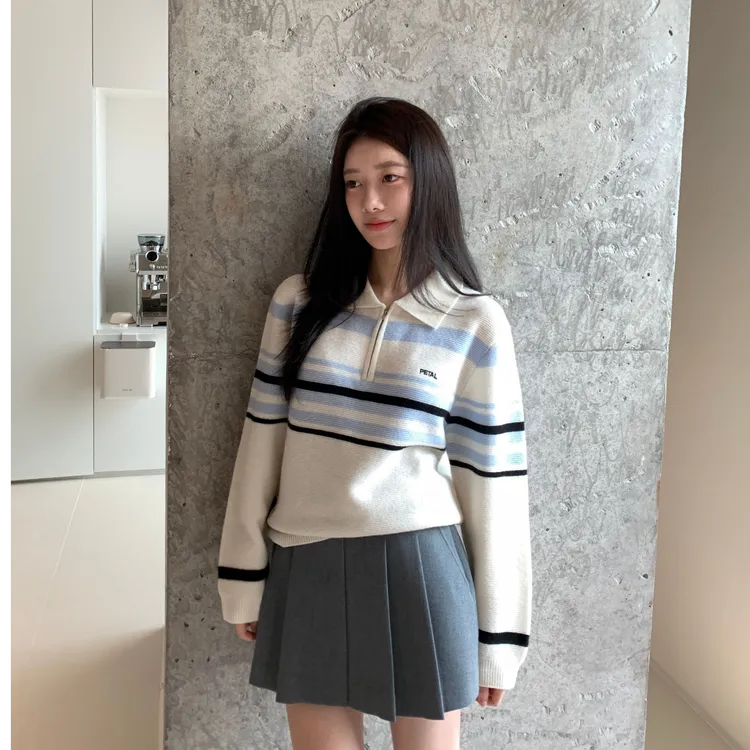 番茄妹妹Tomatosister 慵懒条纹毛衣polo拉链翻领针织衫上衣