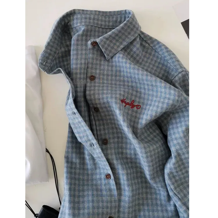 韩系蓝色格子刺绣Polo领衬衫外套女春秋外搭磨毛衬衣宽松翻领上衣
