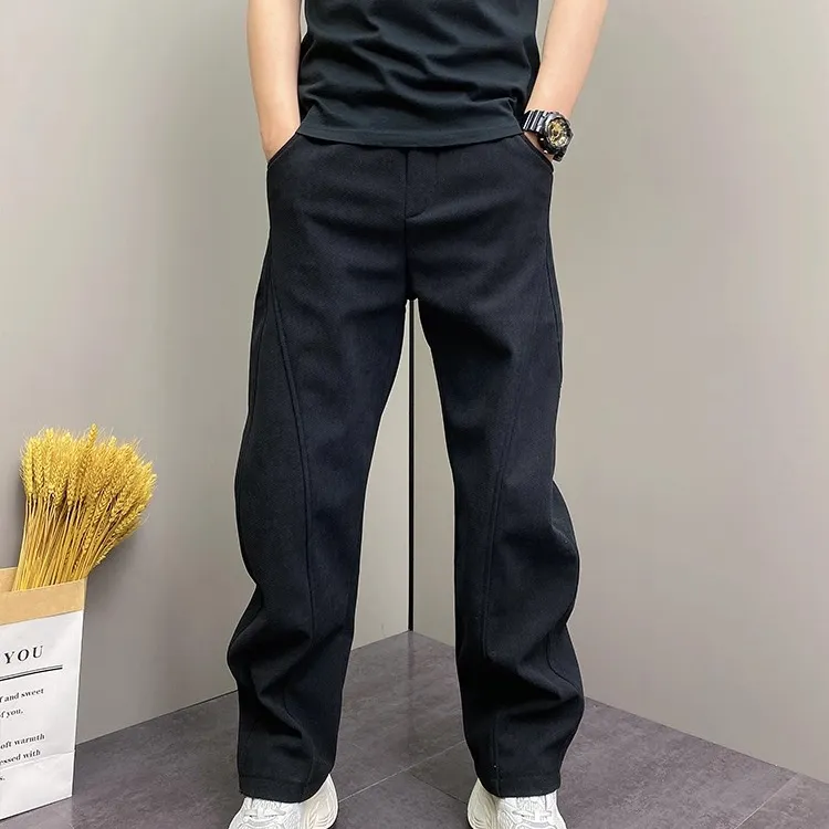 2025冬季加绒宽松条绒休闲裤男松紧腰抽绳直筒长裤时尚弯刀运动裤