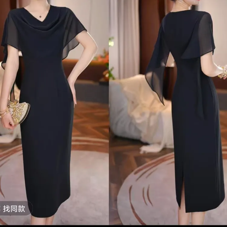 2025年夏季新款收腰显瘦洋气减龄轻奢女人味黑色暗夜女王连衣裙子