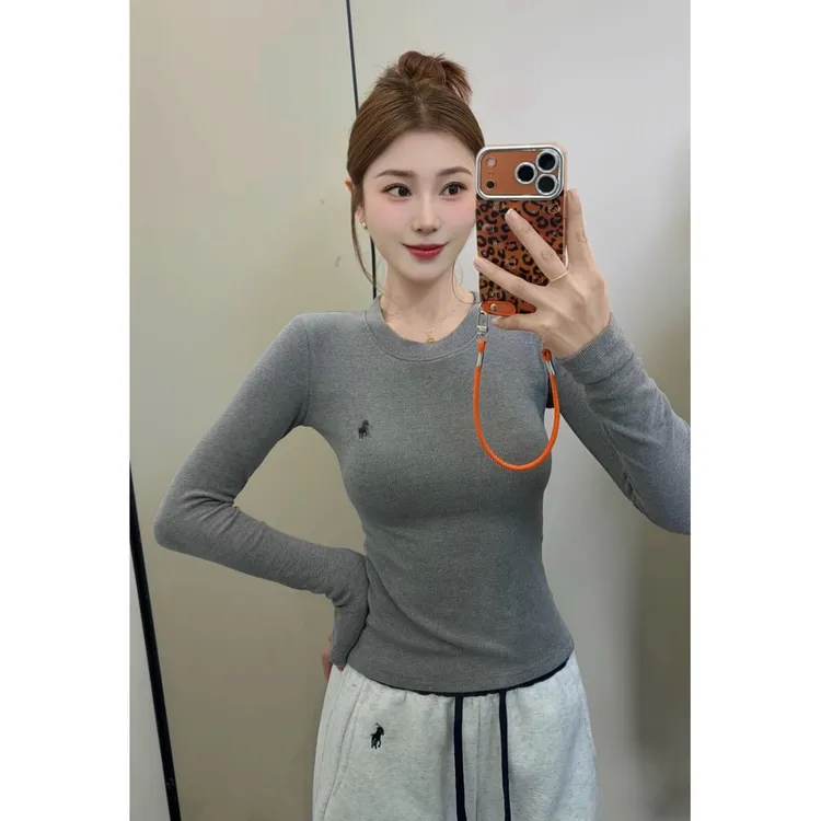 【双面慕斯绒】打底衫女款爆款2025新款内搭长袖小马刺绣印花秋冬T