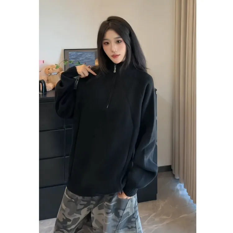 匡虎灰色拉链半高领毛衣男美式复古宽松慵懒风高级感针织线衣外套