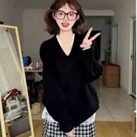 胖妹妹韩系慵懒V领黑色宽松毛衣女秋冬蕾丝吊带叠穿套装699690