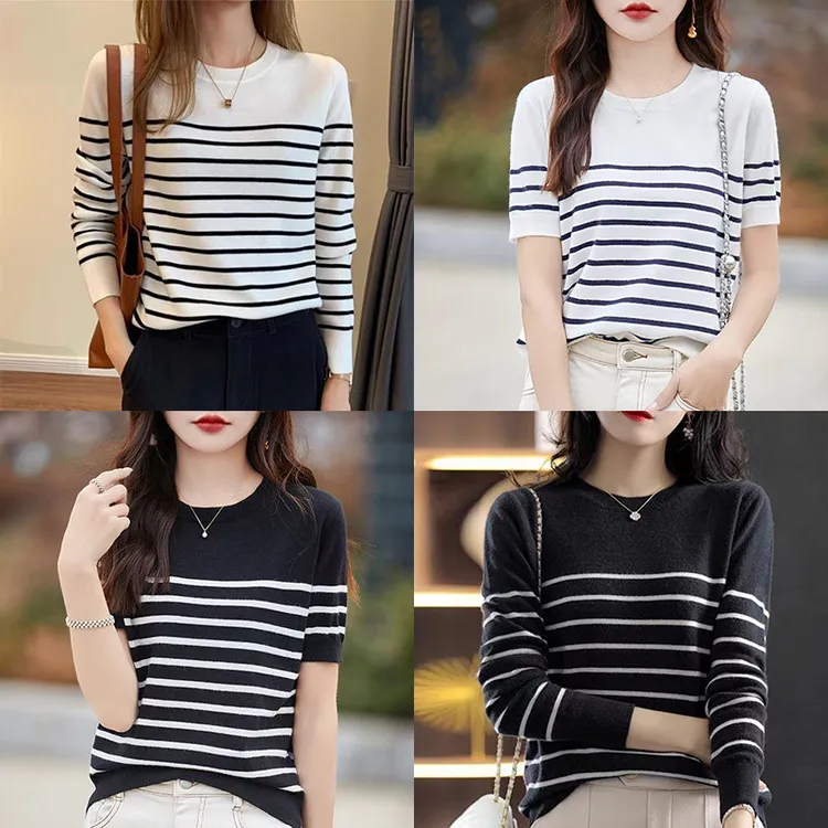 2025春秋新款圆领宽松显瘦遮肉版上衣外穿毛衣女内搭条纹针织衫