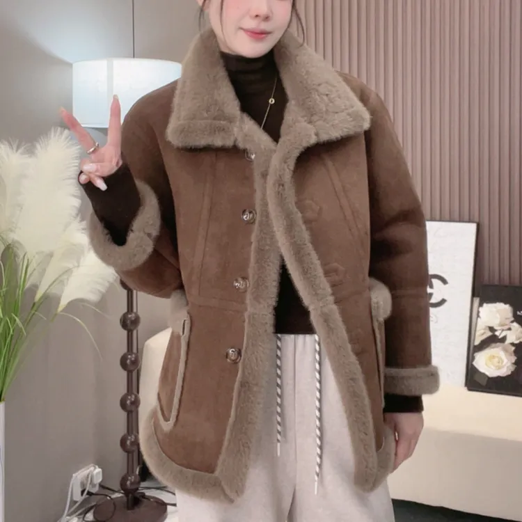 双层牛皮绒冬季女款宽松加厚休闲保暖外套皮毛韩版百搭上衣