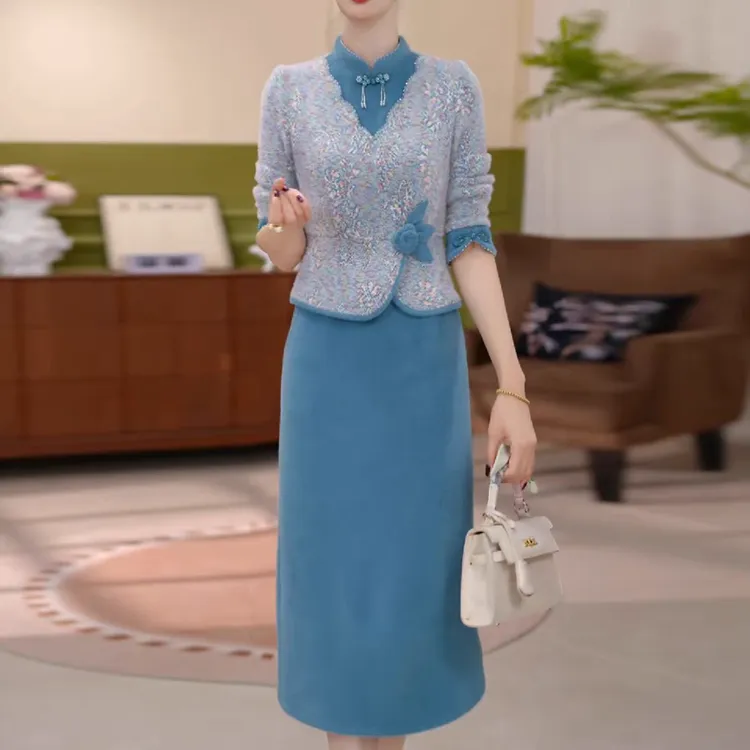 高级雪花绒洋气时髦优雅俩件套2025秋季新款中年妈妈连衣裙套装