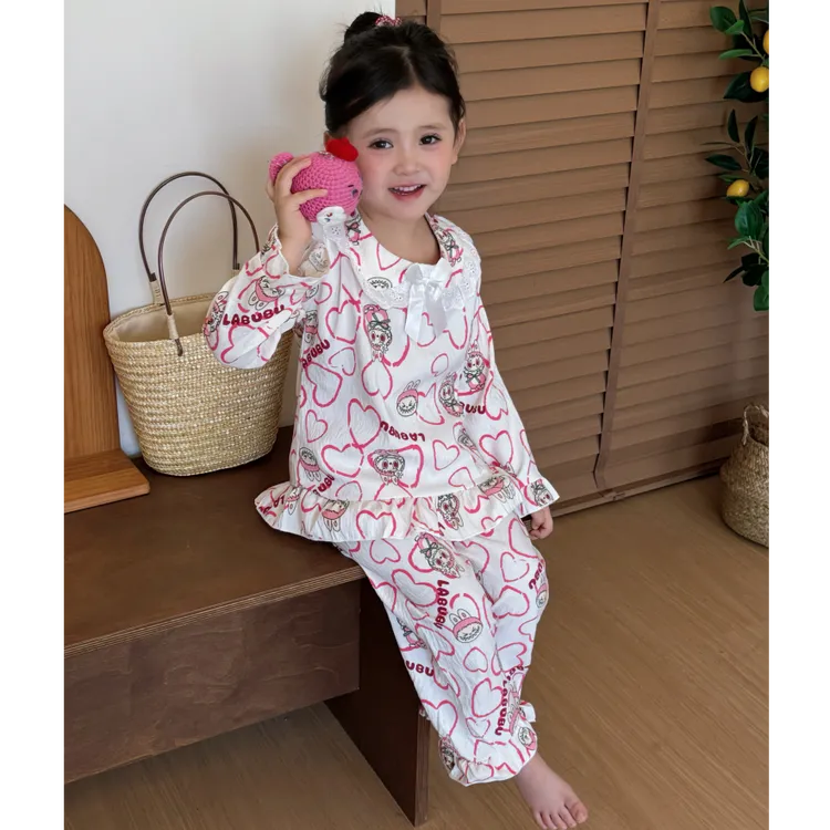 蕾丝公主领花边韩版儿童睡衣女中大小童春秋季长袖洋气家居服套装