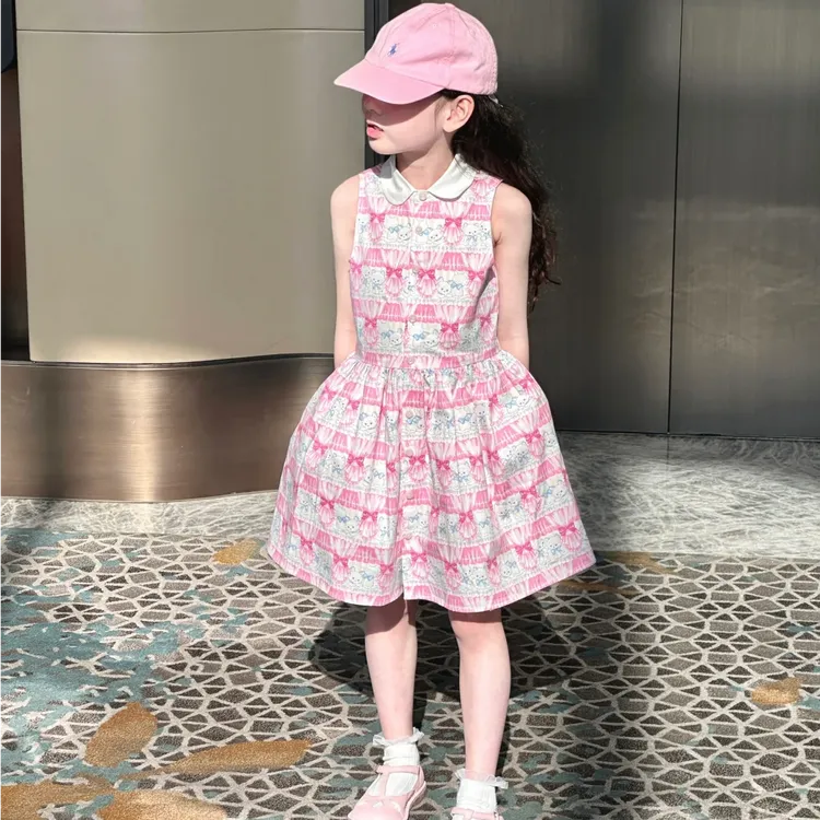壹妈韩版童装女童连衣裙2025夏季新款儿童卡通粉色印花背心连衣裙