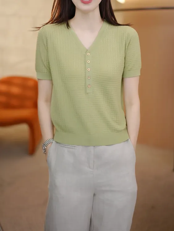 天丝夏季薄款休闲百搭V领短袖T恤女2025新款宽松显瘦气质针织上衣