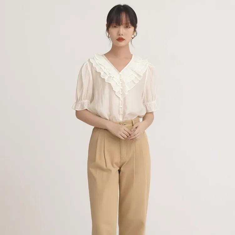 专柜【诗MD】含莱赛尔花边领显瘦微透衬衫品牌撤柜夏季女装813S612