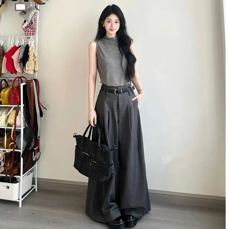 韩系新款灰色夏季半高领背心设计感捏褶宽松高腰阔腿西装裤两件套