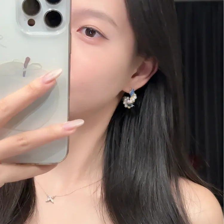 纯铜仿珍珠耳饰 牛仔布艺麻花珍珠C形耳钉时尚优雅气质设计感耳饰