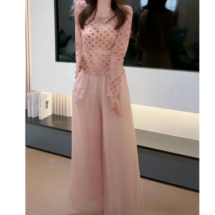 设计感微透波点小衫+粉色休闲裤两件套女2025春款外穿修身套装