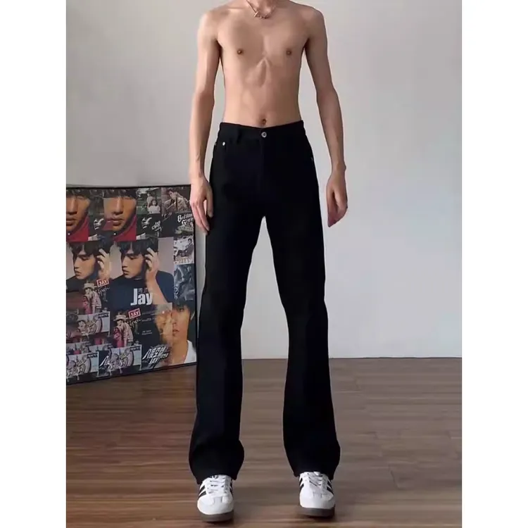 cleanfit穿搭黑色弯刀微喇牛仔裤男款秋冬季美式高街加绒直筒裤子