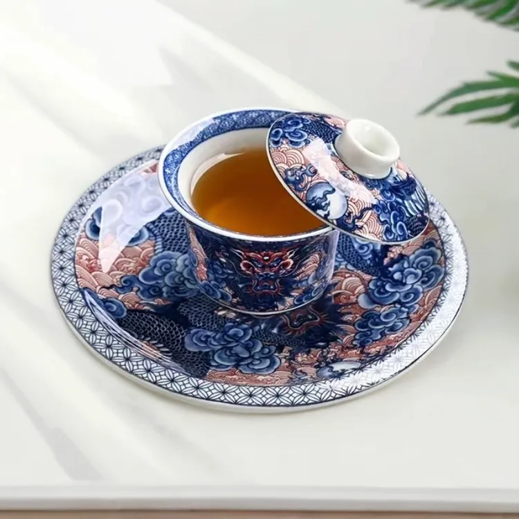 可旋转三才盖碗家用功夫茶具景德镇仿古青花龙纹中式悬停盖碗茶杯