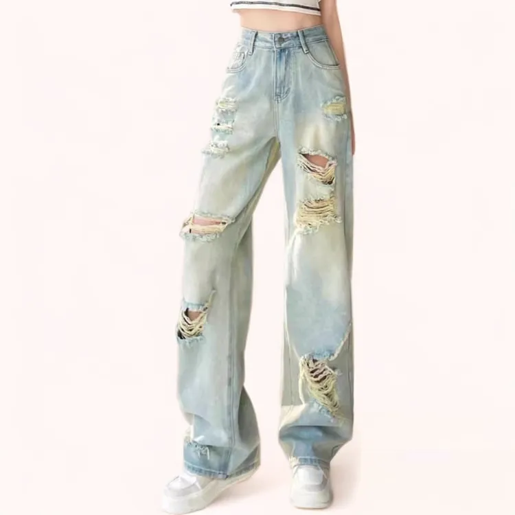 2025超火破洞牛仔裤女夏季设计感梨型微胖显瘦高腰垂感窄版阔腿裤