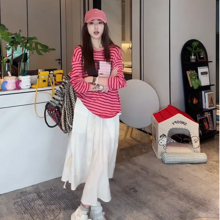 PCNY「告白讯息」不理理夏季新款小众女装粉红条纹长袖防晒圆领t恤