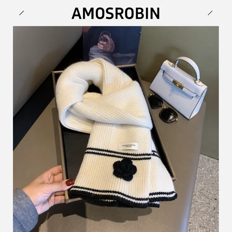 AMOS ROBIN2025新款高级感花朵针织围巾女冬季保暖百搭气质毛线