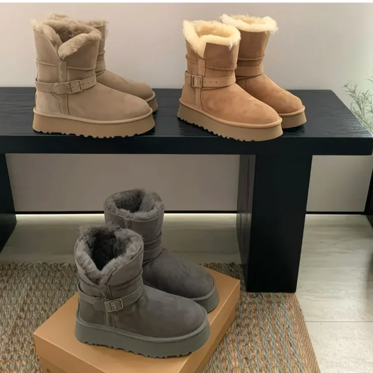 牛皮羊毛冬季骑士靴时尚保暖真皮羊毛雪地靴