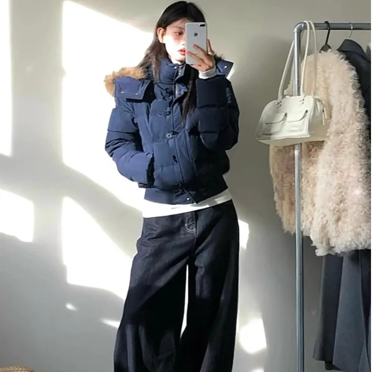 藏青色大毛领连帽棉服女2025年冬季新款小个子加厚短款面包服夹棉