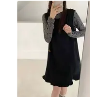 D8071秋季新款小个子韩版甜美蝴蝶结长袖打底衫+背心连衣裙两件套
