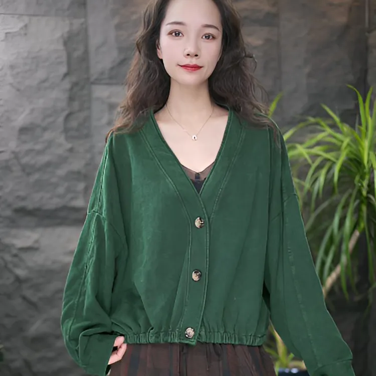 JJ秋季女宽松型短款长袖做旧短外套时尚纯色休闲宽松复古文艺