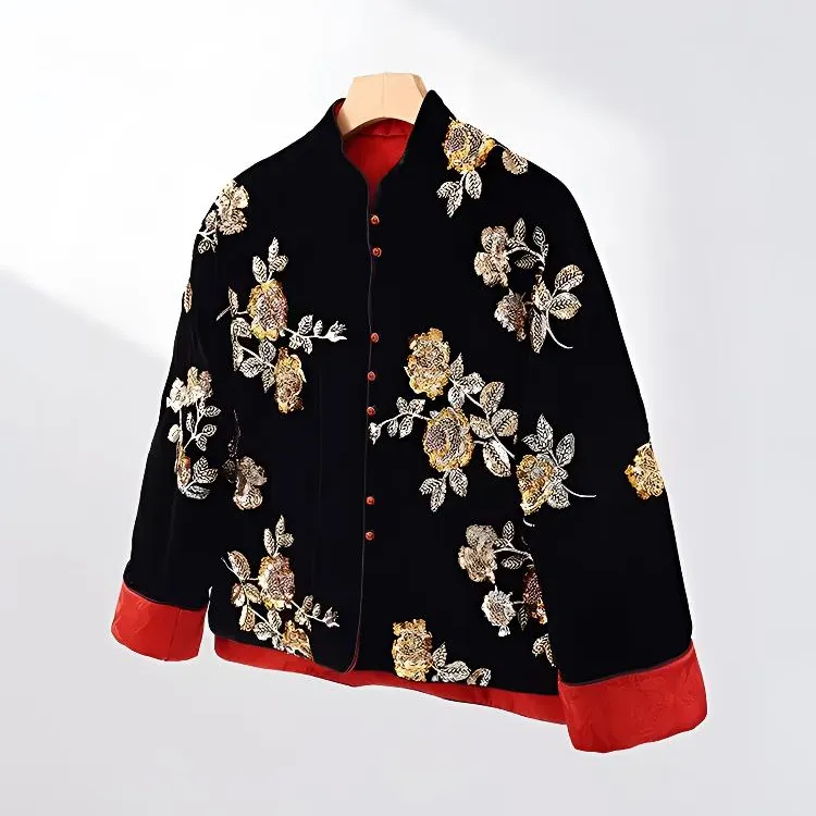 深圳高奢名媛双面穿手工钉珠刺绣外套棉衣新中式国风红色拜年棉服