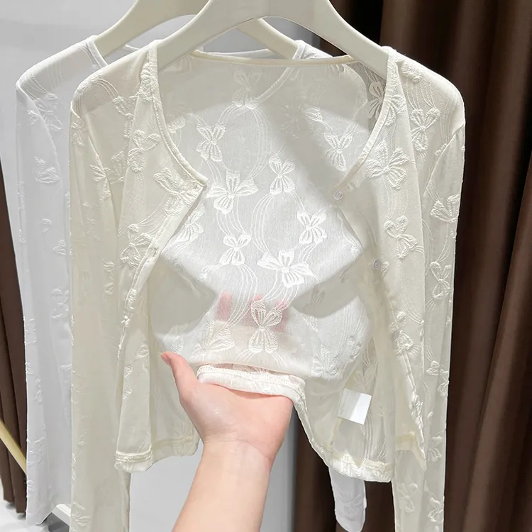 蝴蝶结蕾丝提花吊带裙外搭开衫女2025春季爆款杏色防晒罩衫短外套