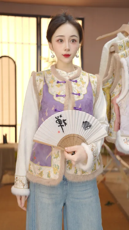 秋冬季水貂毛新款中国风百搭立领复古锦绣马甲FB2511111