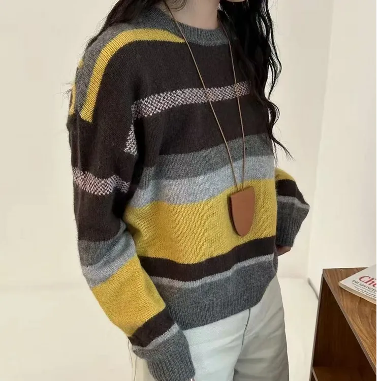 温柔系气质慵懒宽松软糯彩色条纹套头针织毛衣女108