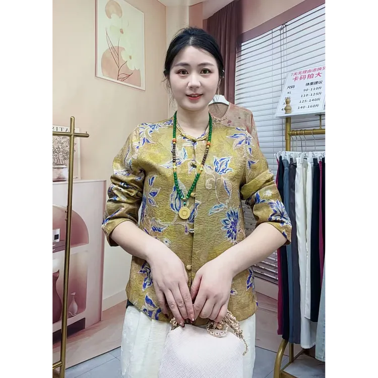 647【鸢尾花】原创新款蜀锦纱气质高端压边圆领休闲显瘦减龄上衣