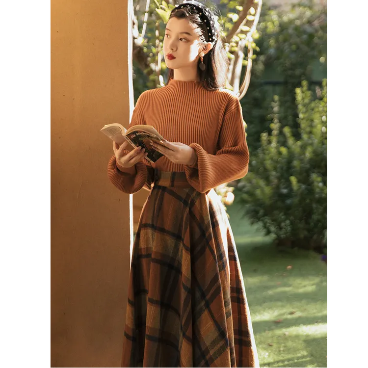 小香风两件套女名媛气质毛衣百搭秋冬季英伦格纹毛呢半身裙子套装