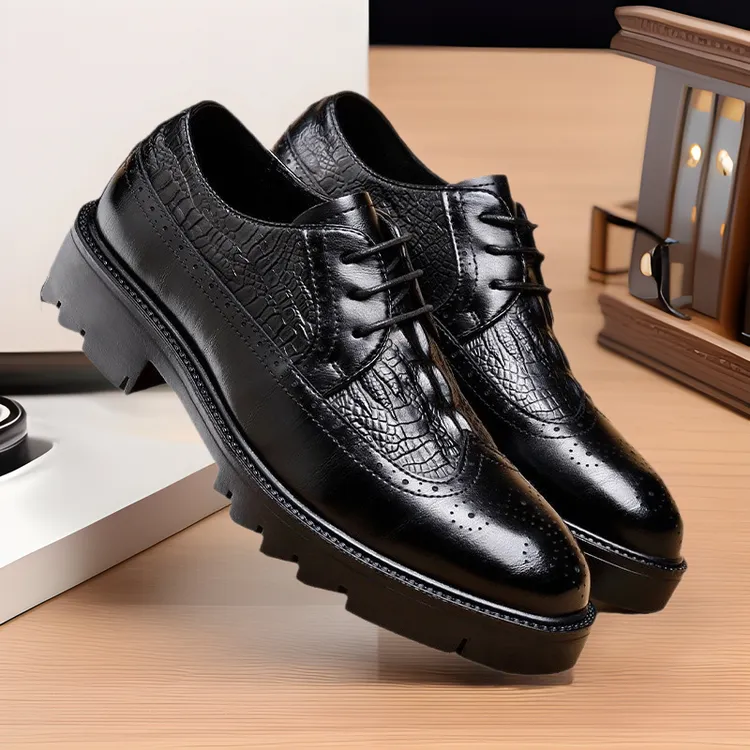 2023春季新款正装商务皮鞋男真皮尖头英伦韩版男士布洛克休闲鞋