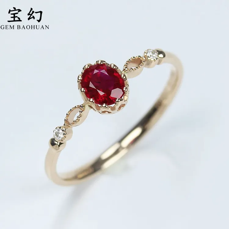 18k玫瑰金天然鸽血红宝石椭圆型复古皇冠女王戒指 简约镶钻石指环
