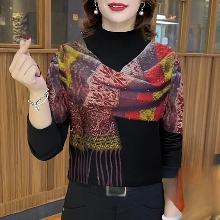 洋气打底衫印花半高领百搭上衣遮肚子减龄长袖涤纶W