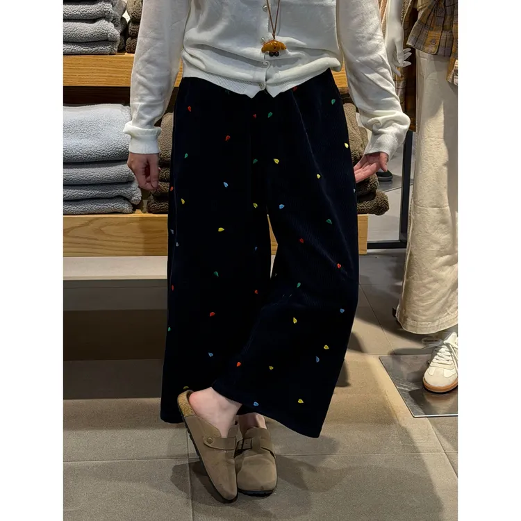 爱心刺绣灯芯绒九分阔腿裤秋冬新款梨形小个子显瘦宽松休闲奶奶裤