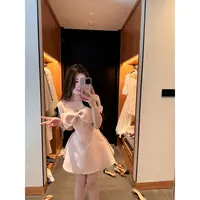 一只雪雪【住在城堡】新款春季气质甜美公主一字肩缎面显瘦连衣裙
