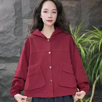JJ宽松型纯色保暖连帽春季女短外套复古春秋休闲红色韩版