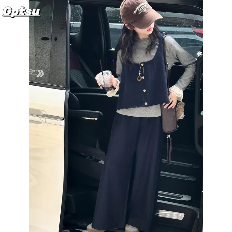 GPTSu女童洋气中大童韩系花边袖口打底针织马甲牛仔直筒裤套装款