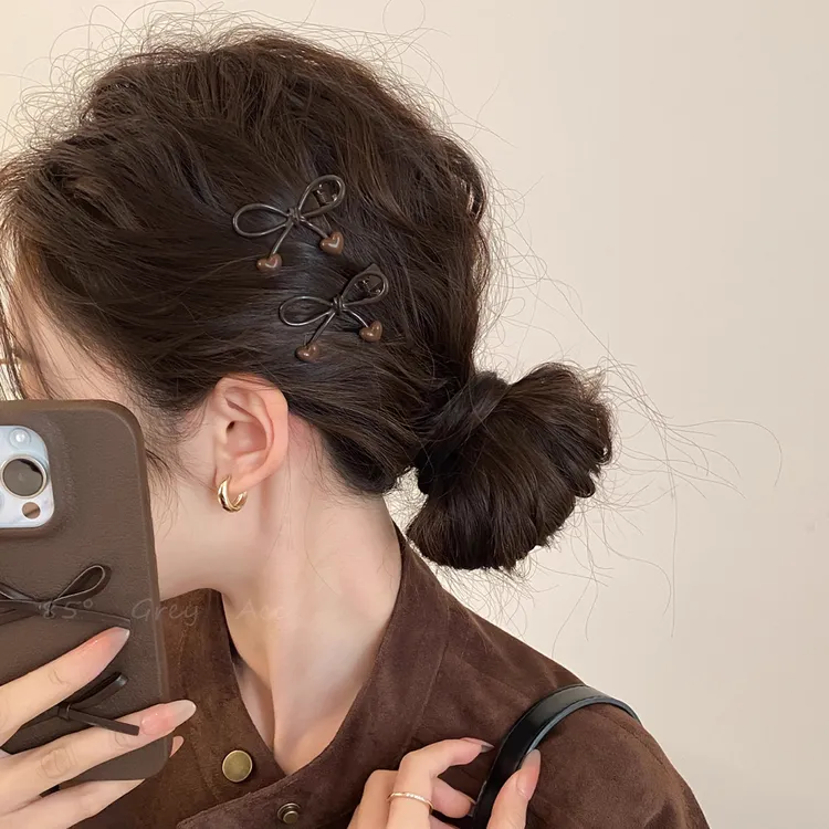 蝴蝶结发夹女咖色爱心边夹侧边前额发卡2025新款刘海夹子高端头饰