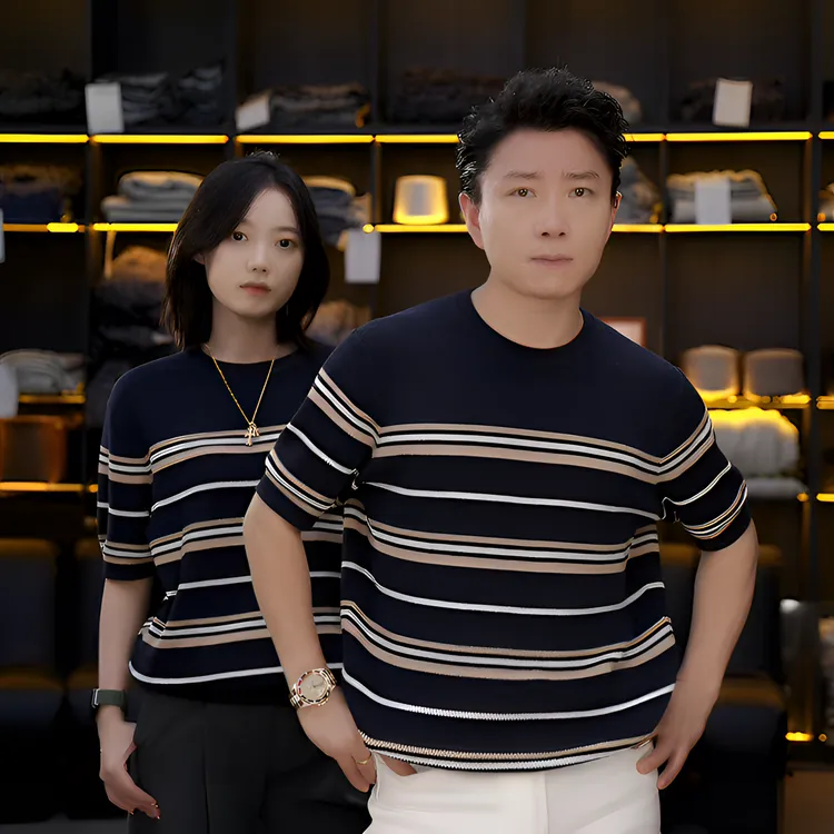 SEASONMARK新款老钱风藏青卡其圆领短袖商务休闲轻奢舒适男女同款商品图