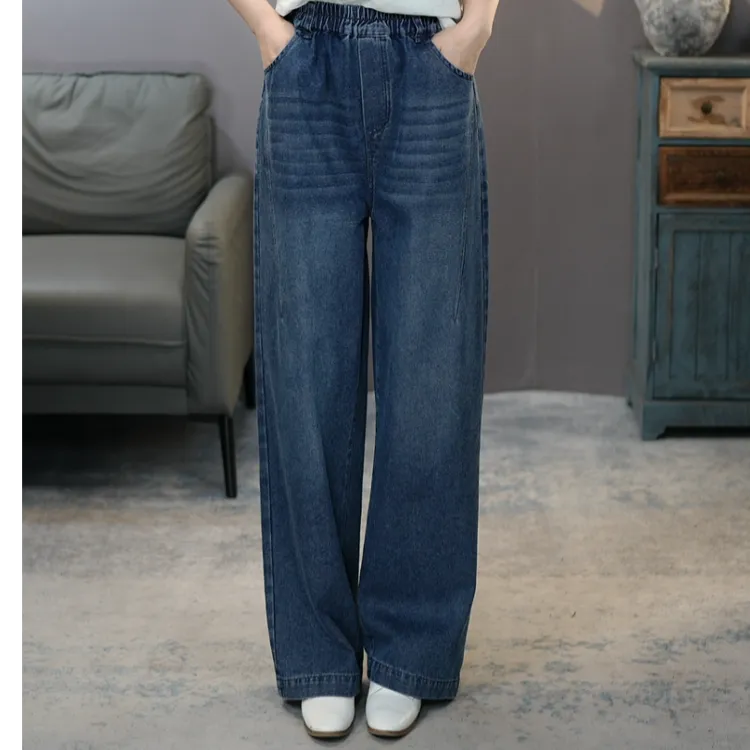 6903蓝2025秋季复古显瘦女士牛仔直筒裤松紧腰时尚梧桐裤